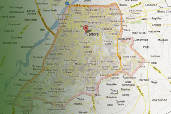 A detailed map highlighting the postal code areas within Lahore