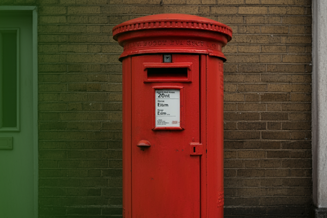 A red post box on a street corner in Karachi