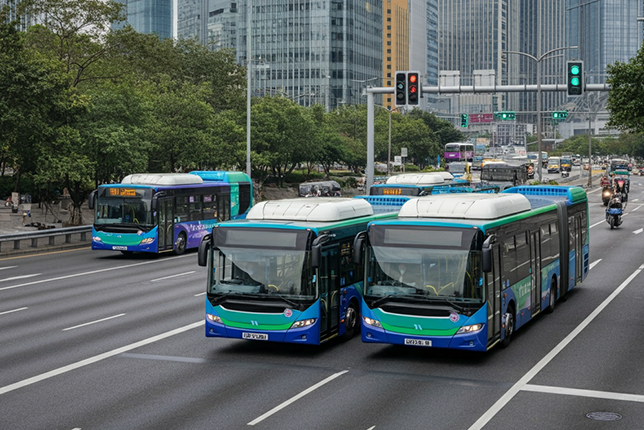 Blue Speedo buses driving on a busy street in Lahore, Pakistan.