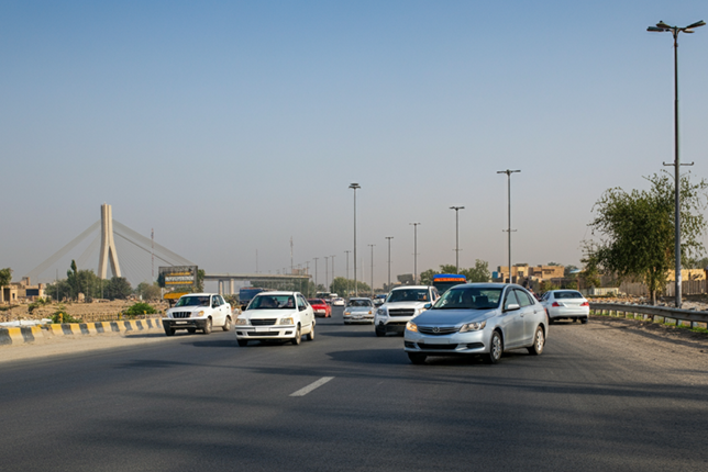 Cars parked and driving along Do Darya Road in Karachi, Pakistan.