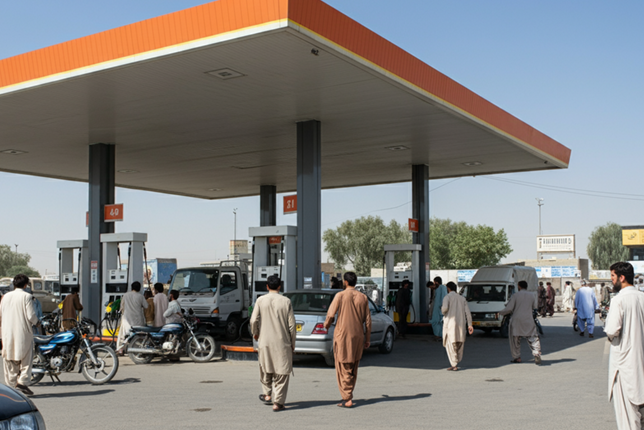 Cars, motorcycles, and trucks at a fuel station with concerned drivers waiting to refuel.