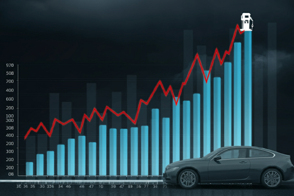 A line graph displaying petrol price changes over time, showing the rising and falling trends of fuel costs."