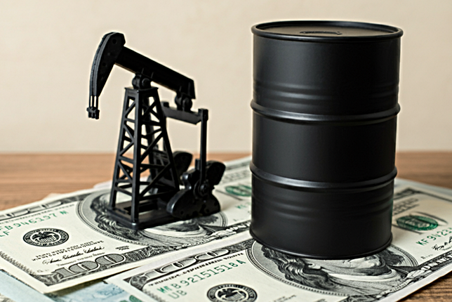 A fuel pump next to international oil barrels and various currency symbols, representing the global oil market.