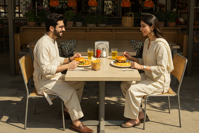 A lively fast food restaurant in Rahim Yar Khan with customers enjoying burgers, fries, and other quick meals.