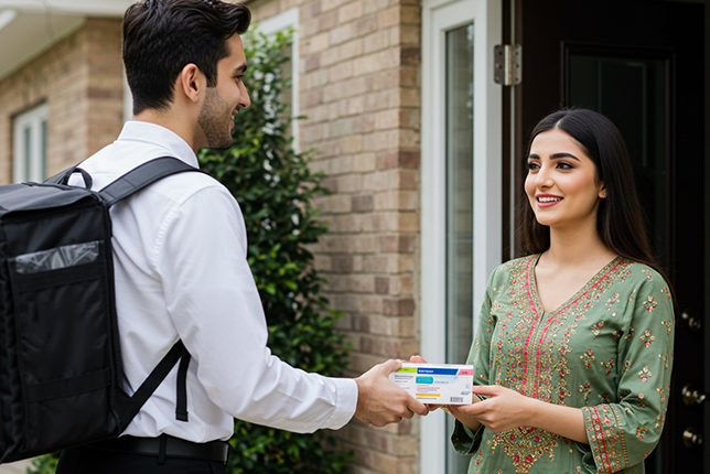 Delivery person handing over a medicine package to a customer at their doorstep.