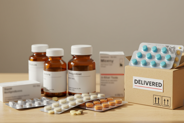 A collection of medicine bottles and boxes with a "Delivered" label placed prominently.