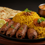 A plate featuring sizzling kebabs, fresh naan bread, and aromatic biryani, representing the famous food of Rahim Yar Khan.