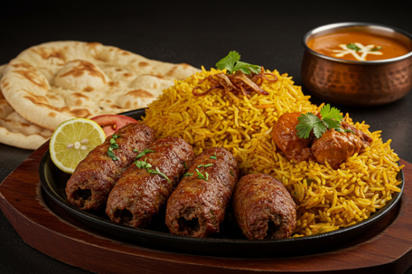 A plate featuring sizzling kebabs, fresh naan bread, and aromatic biryani, representing the famous food of Rahim Yar Khan.