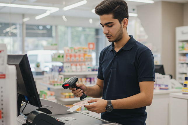 A store employee scanning a customer's CNIC to apply the Punjab Ehsaas Rashan Riayat Program discount.