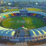 A stunning aerial view of National Stadium Karachi filled with cricket fans.