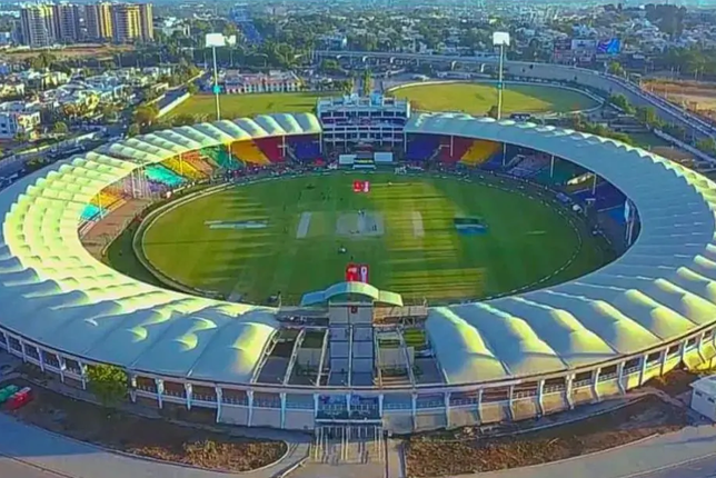 A stunning aerial view of National Stadium Karachi filled with cricket fans.