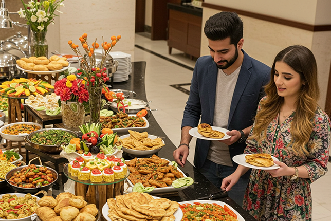 A buffet spread at Panda Express Islamabad, featuring spring rolls, noodles, and desserts