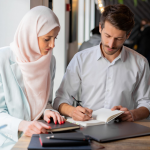 A family reviewing property documents together at home.